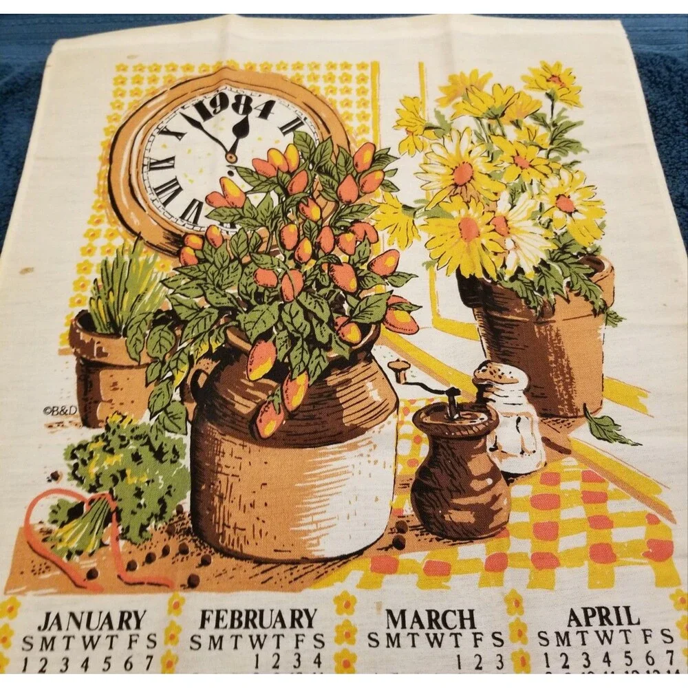 Vintage linen tea towel calendar flowers in vase and clock 1984 new old stock